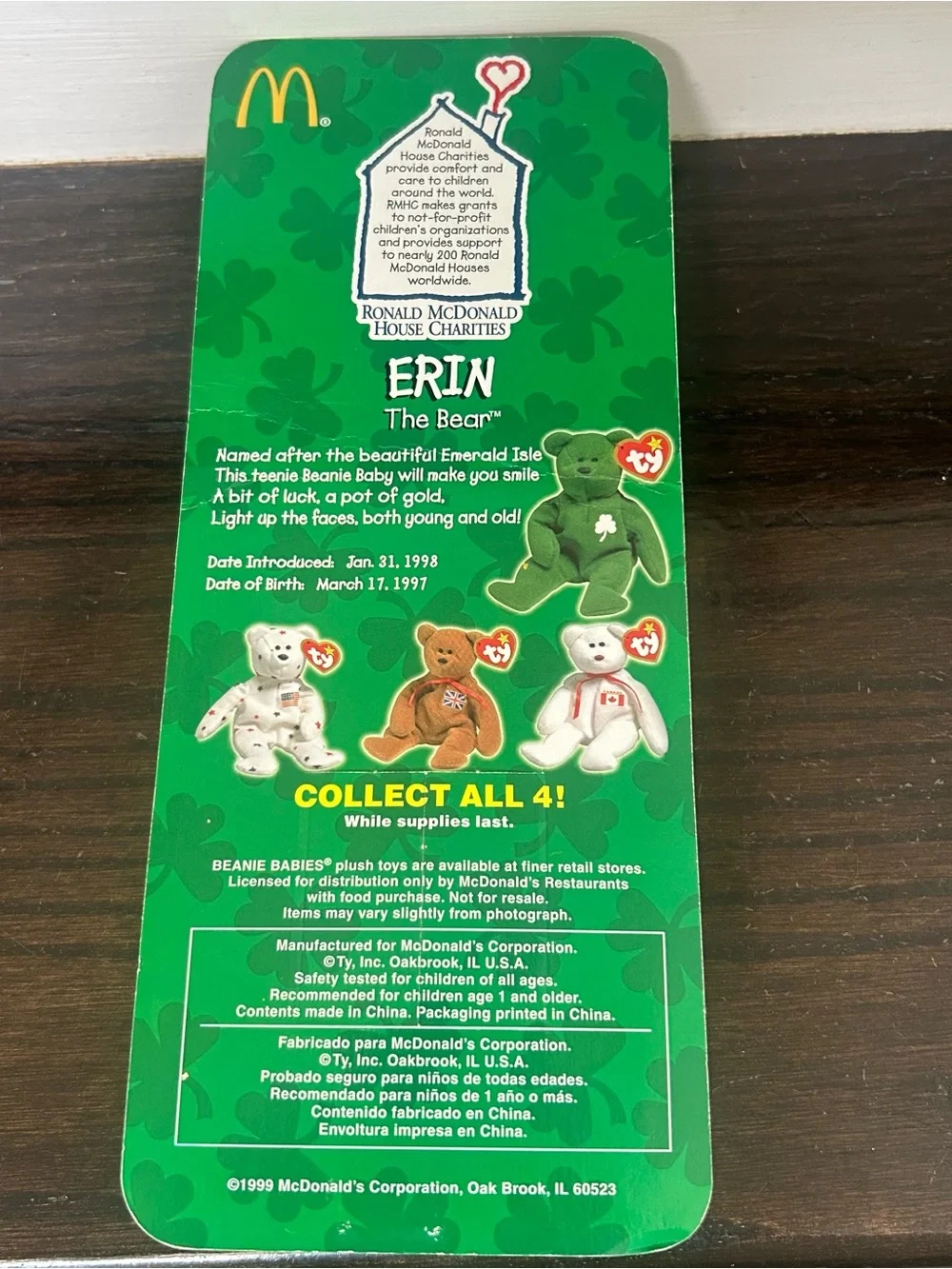 TY Erin The Bear Plush, Clover  - White & Green Shamrock beanie babies